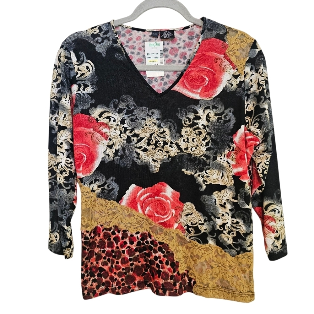 Y2K Vintage Silk Blend See-Through Lace Rose Floral Animal Print Vneck Top